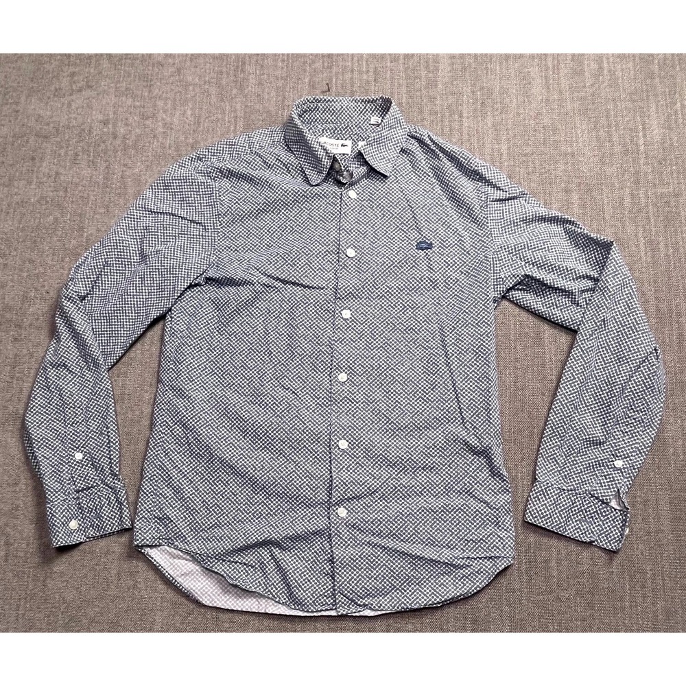 Lacoste Mens Blue Geometric Button Up Shirt Slim Fit Size 15 S Long Sleeve